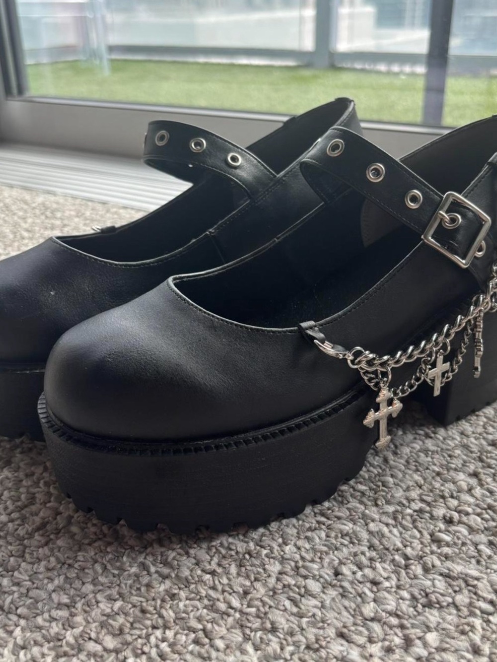 Black Platform Mary Jane Shoes with Cross Chain Accent